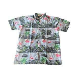Happy Bay Mens Hawaiian Shirt Large Flamingo Palm Tree Tropical Beach Grey Pink